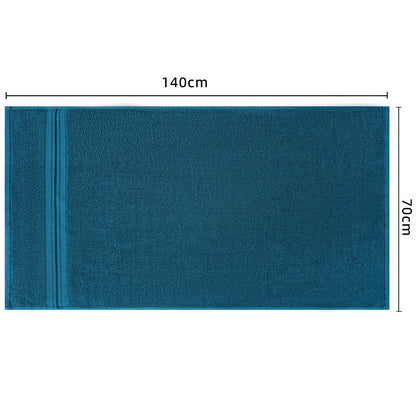 Blue towel with dimensions 140cm x 70cm on a white background