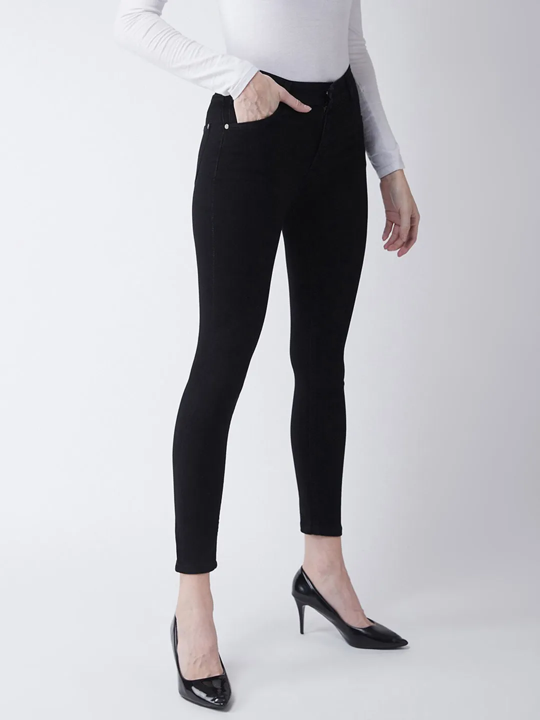 24/7 Comfort Black Slim-Fit High-Rise Cropped-Length Stretchable Denim Jeans
