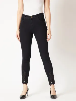 24/7 Comfort Black Slim-Fit Mid-Rise Cropped Embellished Stretchable Denim Jeans