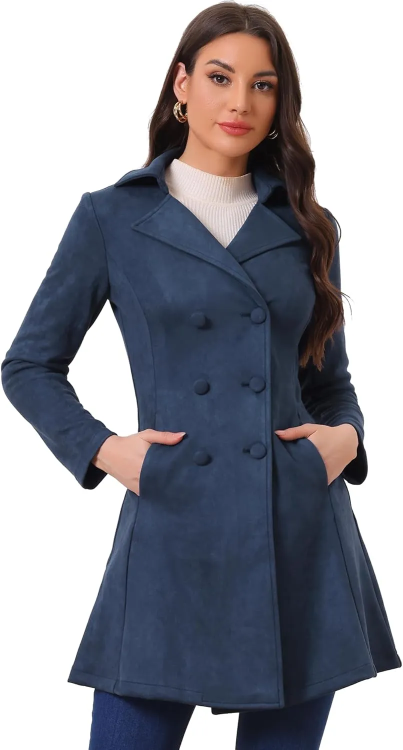 Allegra K Women's Faux Suede Jacket Double Breasted Notched Lapel Winter Long Trench Coat