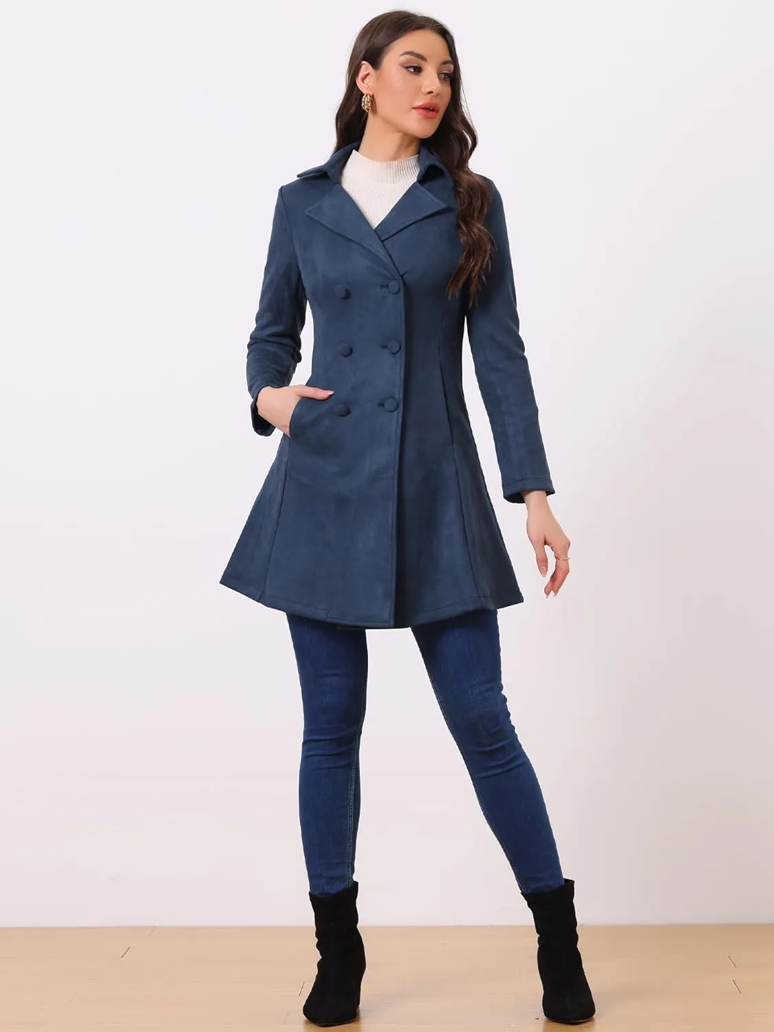 Allegra K Women's Faux Suede Jacket Double Breasted Notched Lapel Winter Long Trench Coat