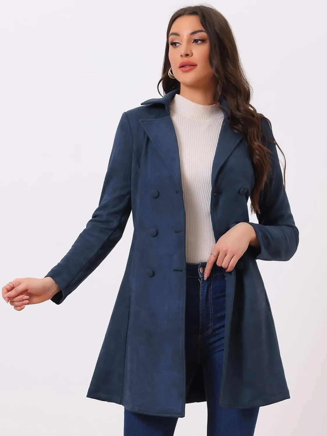 Allegra K Women's Faux Suede Jacket Double Breasted Notched Lapel Winter Long Trench Coat