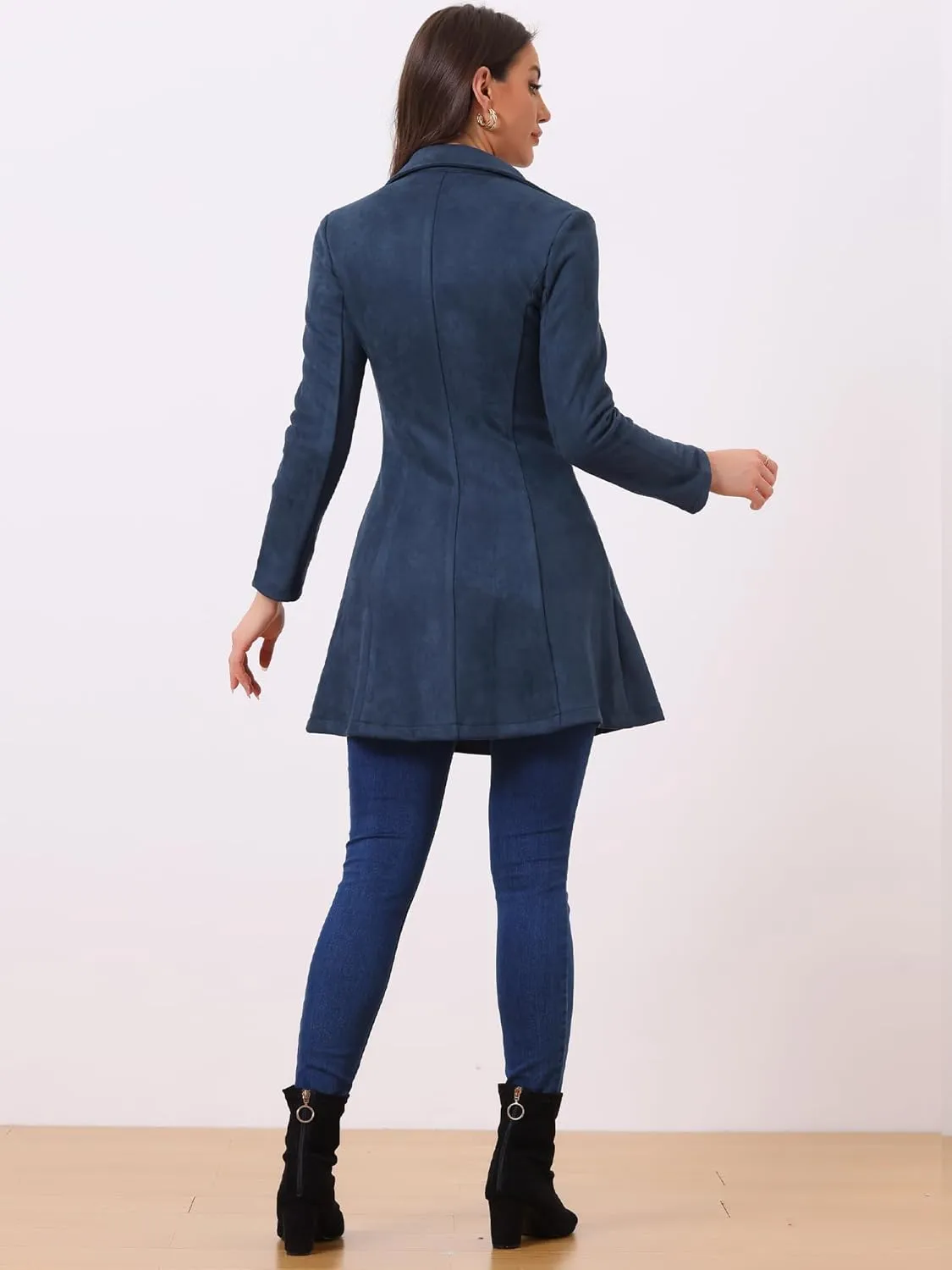Allegra K Women's Faux Suede Jacket Double Breasted Notched Lapel Winter Long Trench Coat