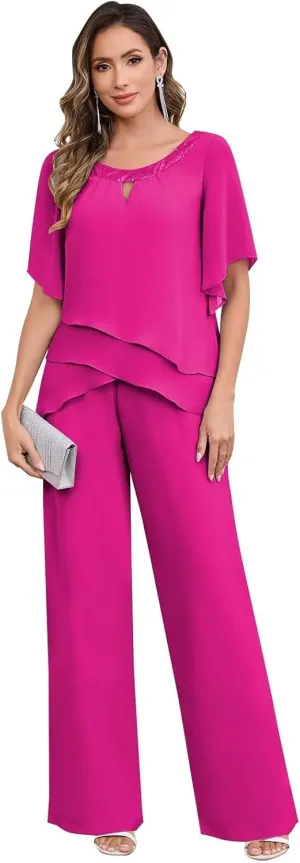 BANTRATIC 2 Pieces Mother of The Bride Pantsuits for Wedding Half Sleeve Formal Chiffon Evening Prom Cocktail Pant Outfit