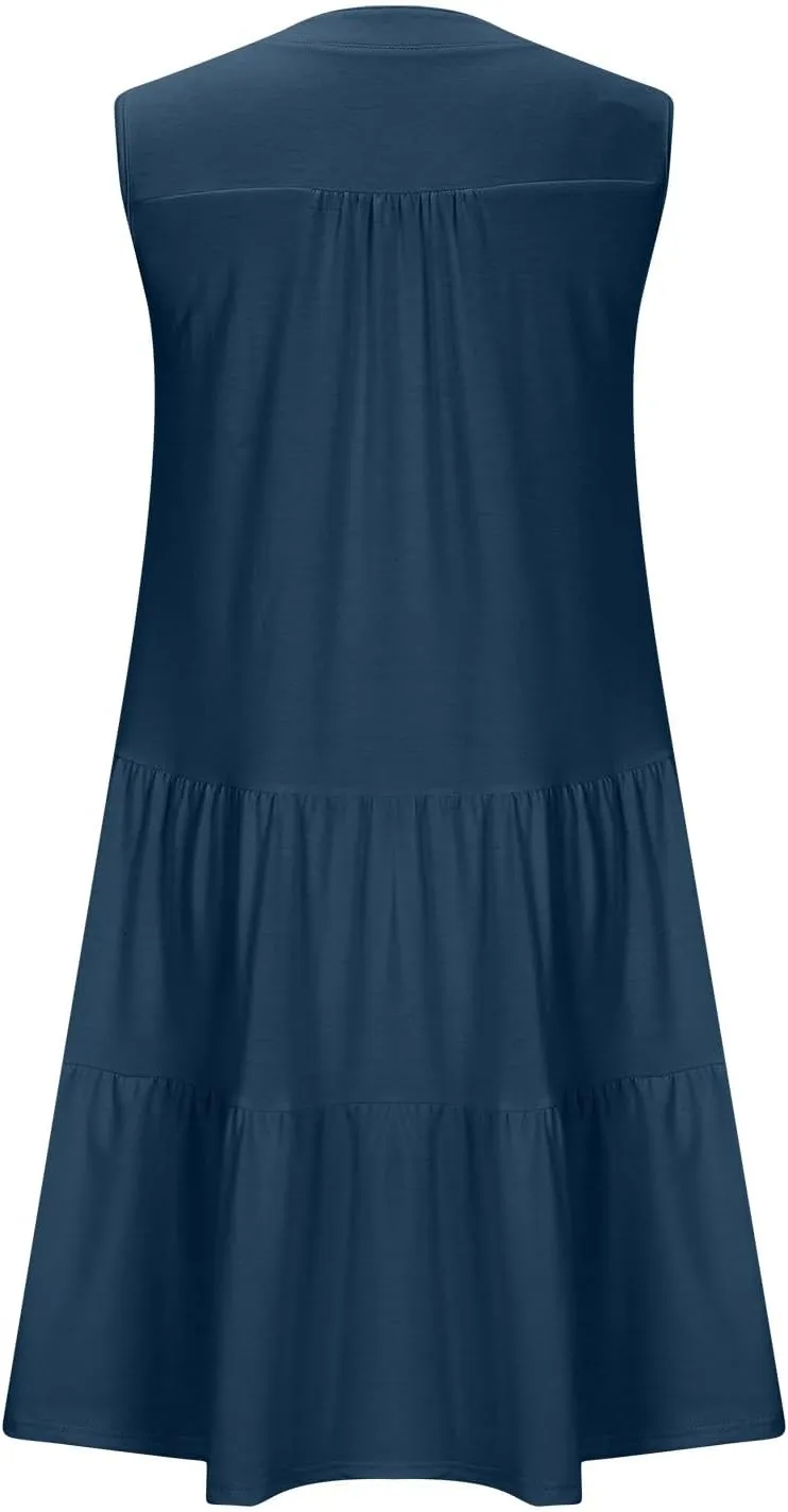 Beach Dresses for Women 2025 Vacation Sleeveless V Neck Flowy Mini Dress Fashion Ruffle Summer Sundress with Pockets
