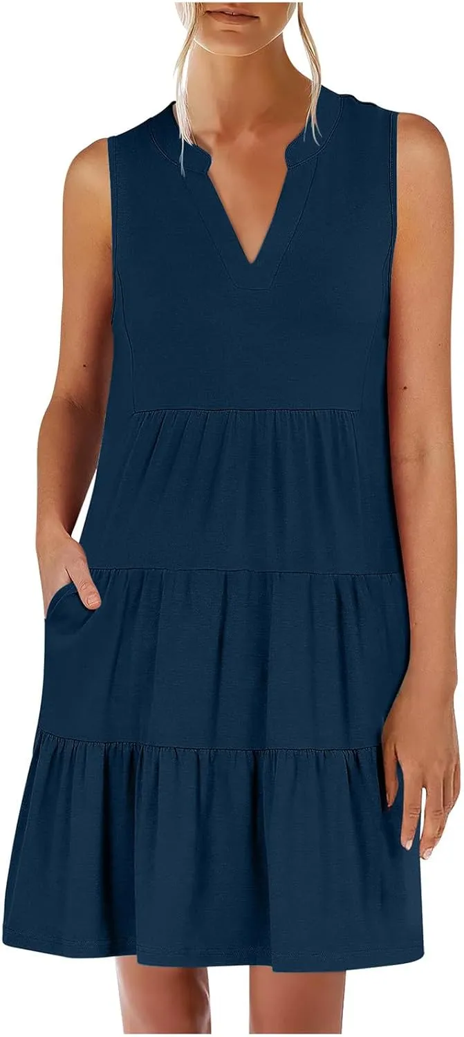 Beach Dresses for Women 2025 Vacation Sleeveless V Neck Flowy Mini Dress Fashion Ruffle Summer Sundress with Pockets