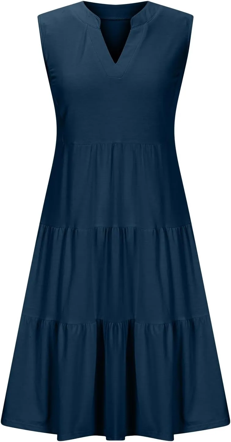 Beach Dresses for Women 2025 Vacation Sleeveless V Neck Flowy Mini Dress Fashion Ruffle Summer Sundress with Pockets