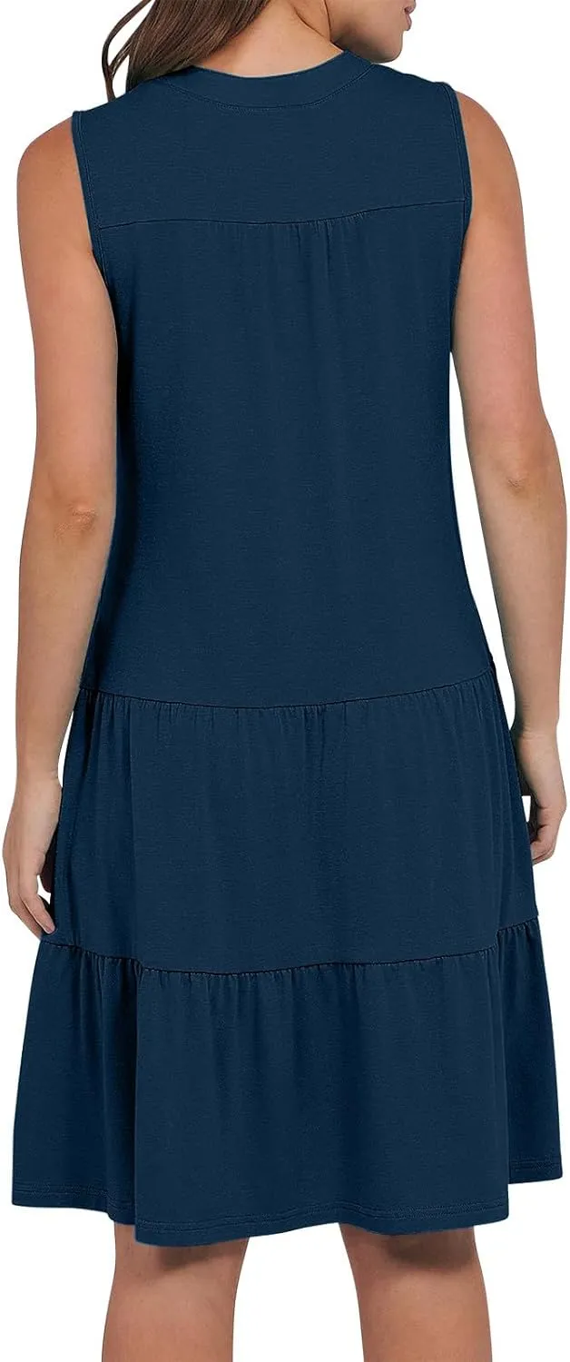 Beach Dresses for Women 2025 Vacation Sleeveless V Neck Flowy Mini Dress Fashion Ruffle Summer Sundress with Pockets