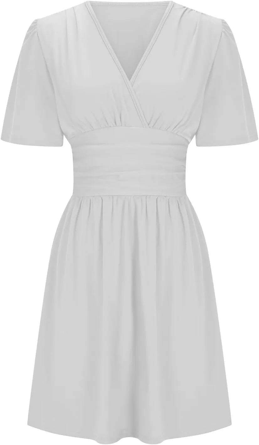 Borniu Womens Summer Casual V Neck Dress Sexy Short Sleeve Mini Sundress Boho Western Empire Waist Pleated Ladies Dresses