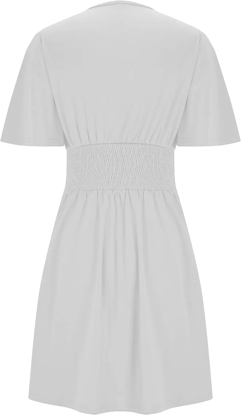 Borniu Womens Summer Casual V Neck Dress Sexy Short Sleeve Mini Sundress Boho Western Empire Waist Pleated Ladies Dresses