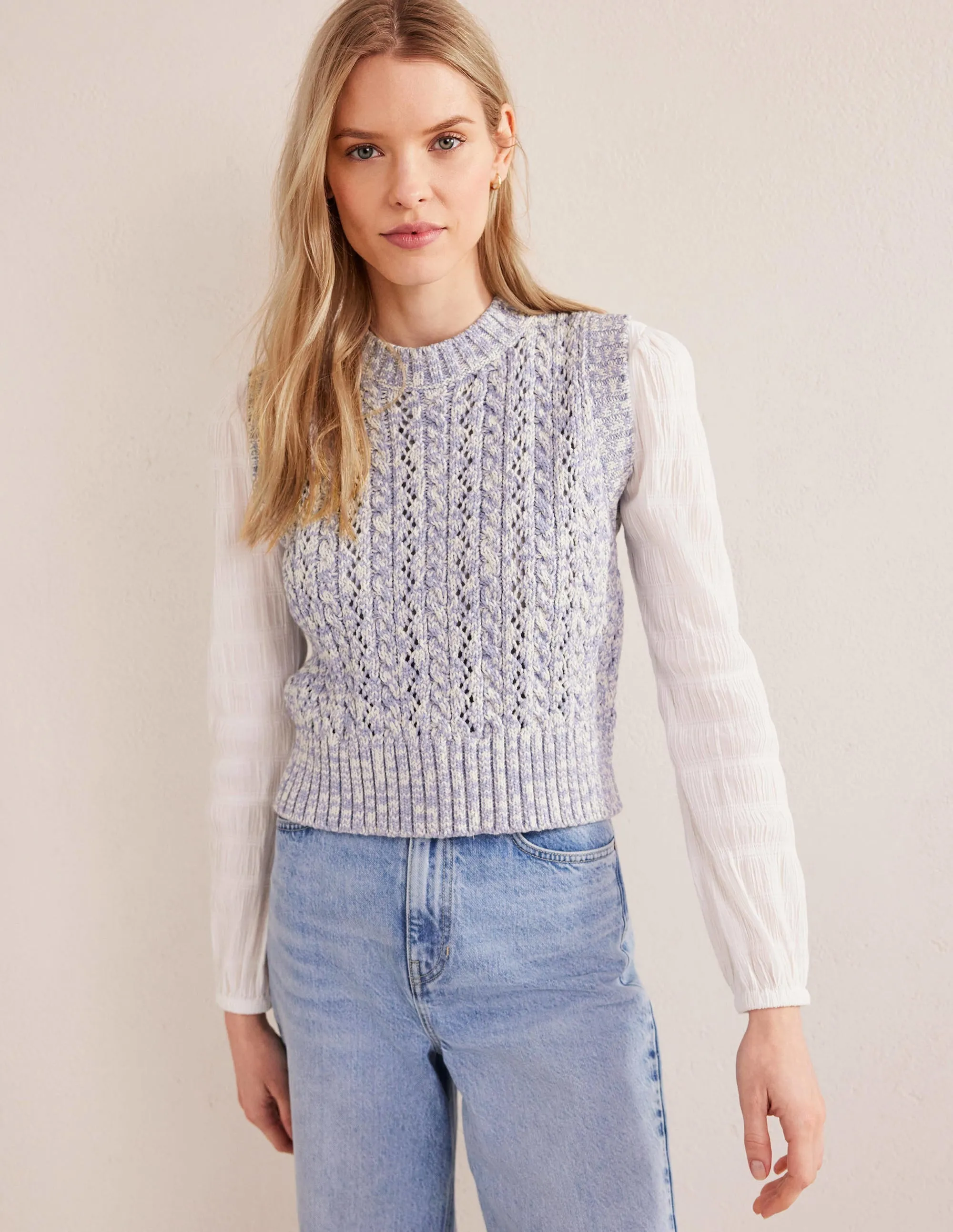 Cable Knit Tank-Blue Blizzard, Ivory Marl