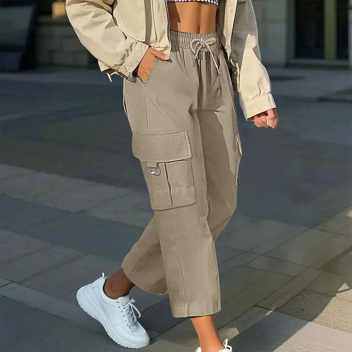 Cargo Capris for Women with Pocket Summer Mid Rise Lightweight Elastic Waist Pants Stretchy Tactical Tavel Hiking Pant