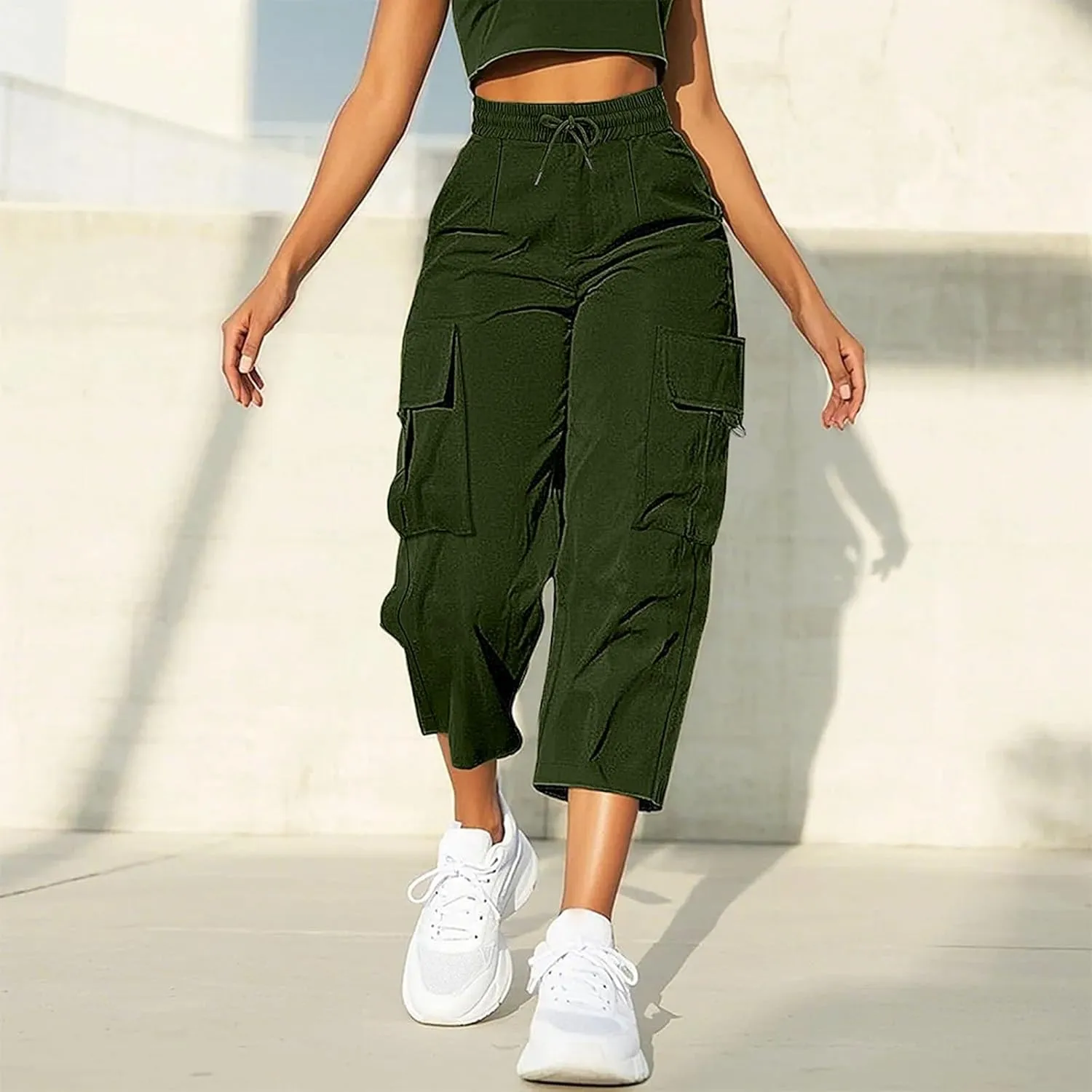 Cargo Capris for Women with Pocket Summer Mid Rise Lightweight Elastic Waist Pants Stretchy Tactical Tavel Hiking Pant