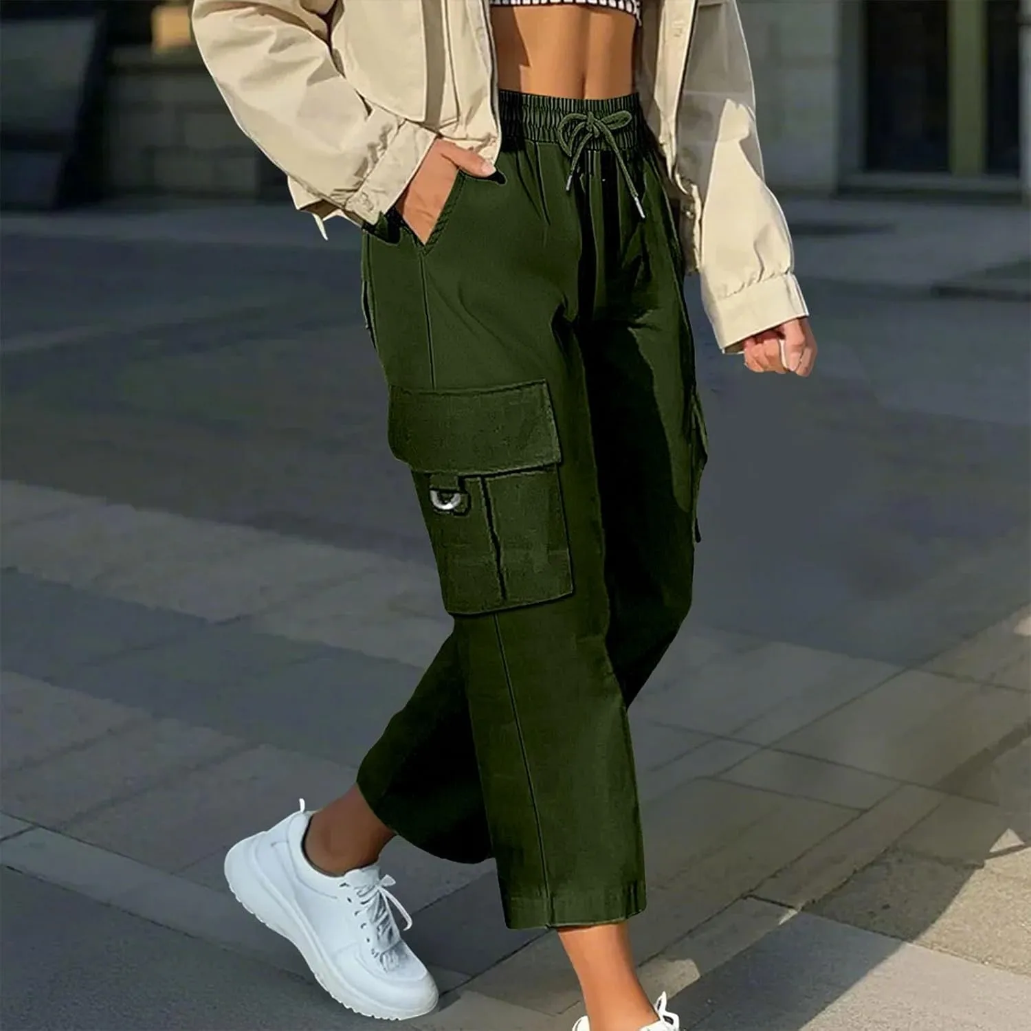 Cargo Capris for Women with Pocket Summer Mid Rise Lightweight Elastic Waist Pants Stretchy Tactical Tavel Hiking Pant