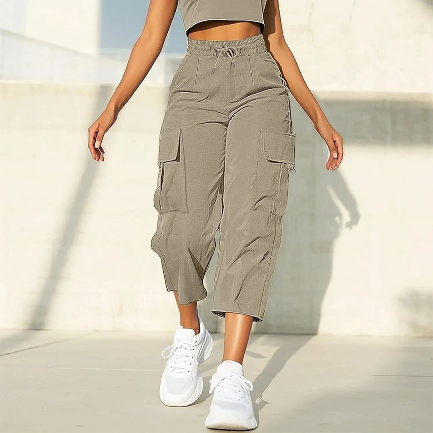 Cargo Capris for Women with Pocket Summer Mid Rise Lightweight Elastic Waist Pants Stretchy Tactical Tavel Hiking Pant