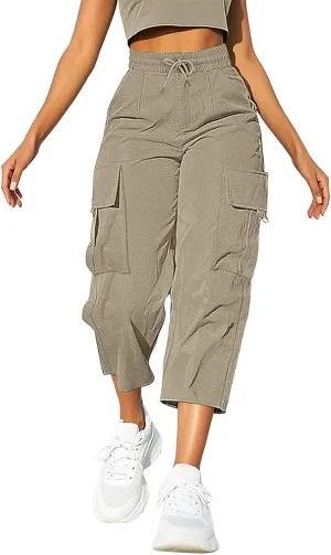 Cargo Capris for Women with Pocket Summer Mid Rise Lightweight Elastic Waist Pants Stretchy Tactical Tavel Hiking Pant