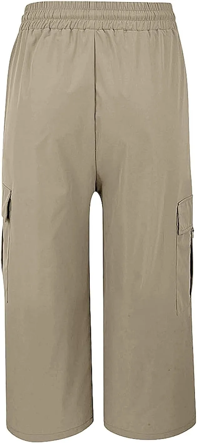 Cargo Capris for Women with Pocket Summer Mid Rise Lightweight Elastic Waist Pants Stretchy Tactical Tavel Hiking Pant