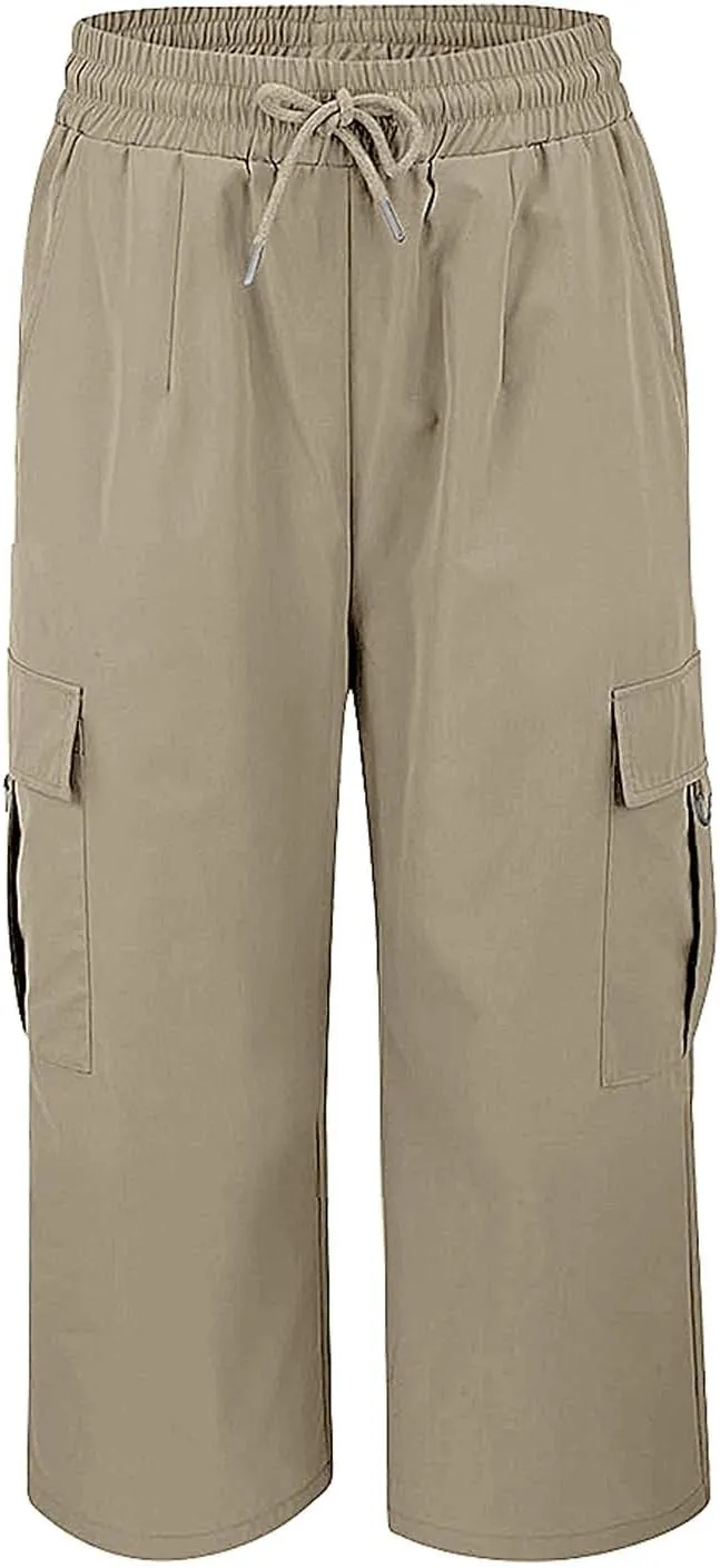 Cargo Capris for Women with Pocket Summer Mid Rise Lightweight Elastic Waist Pants Stretchy Tactical Tavel Hiking Pant