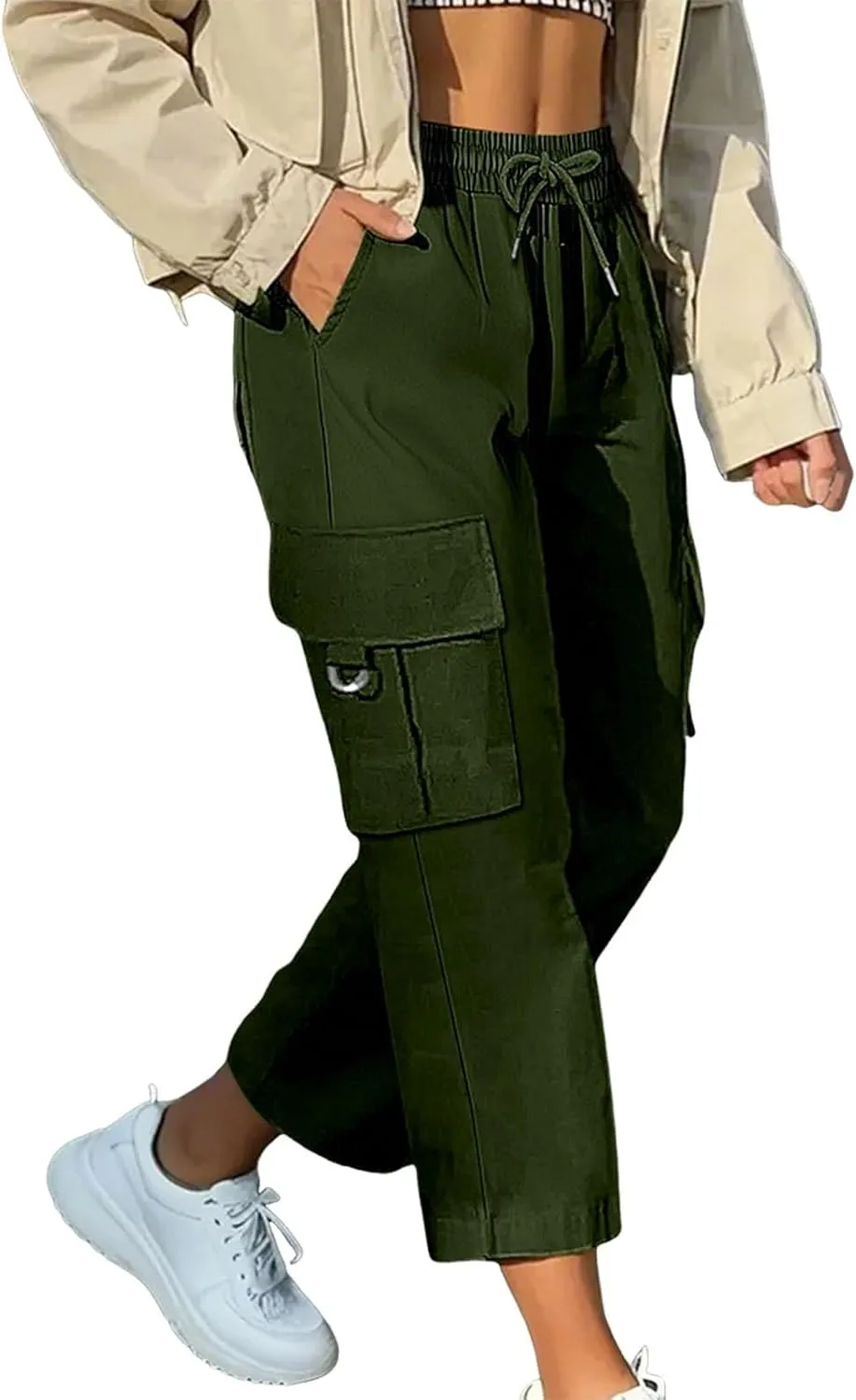 Cargo Capris for Women with Pocket Summer Mid Rise Lightweight Elastic Waist Pants Stretchy Tactical Tavel Hiking Pant