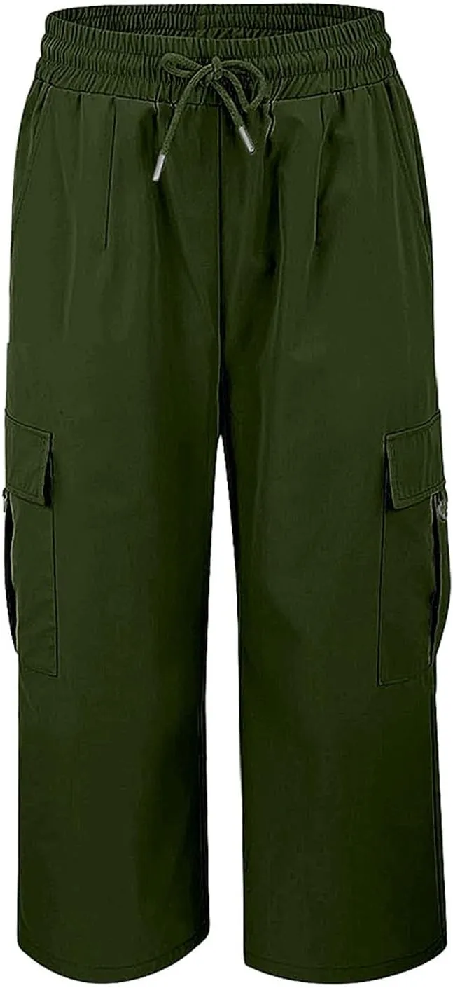 Cargo Capris for Women with Pocket Summer Mid Rise Lightweight Elastic Waist Pants Stretchy Tactical Tavel Hiking Pant