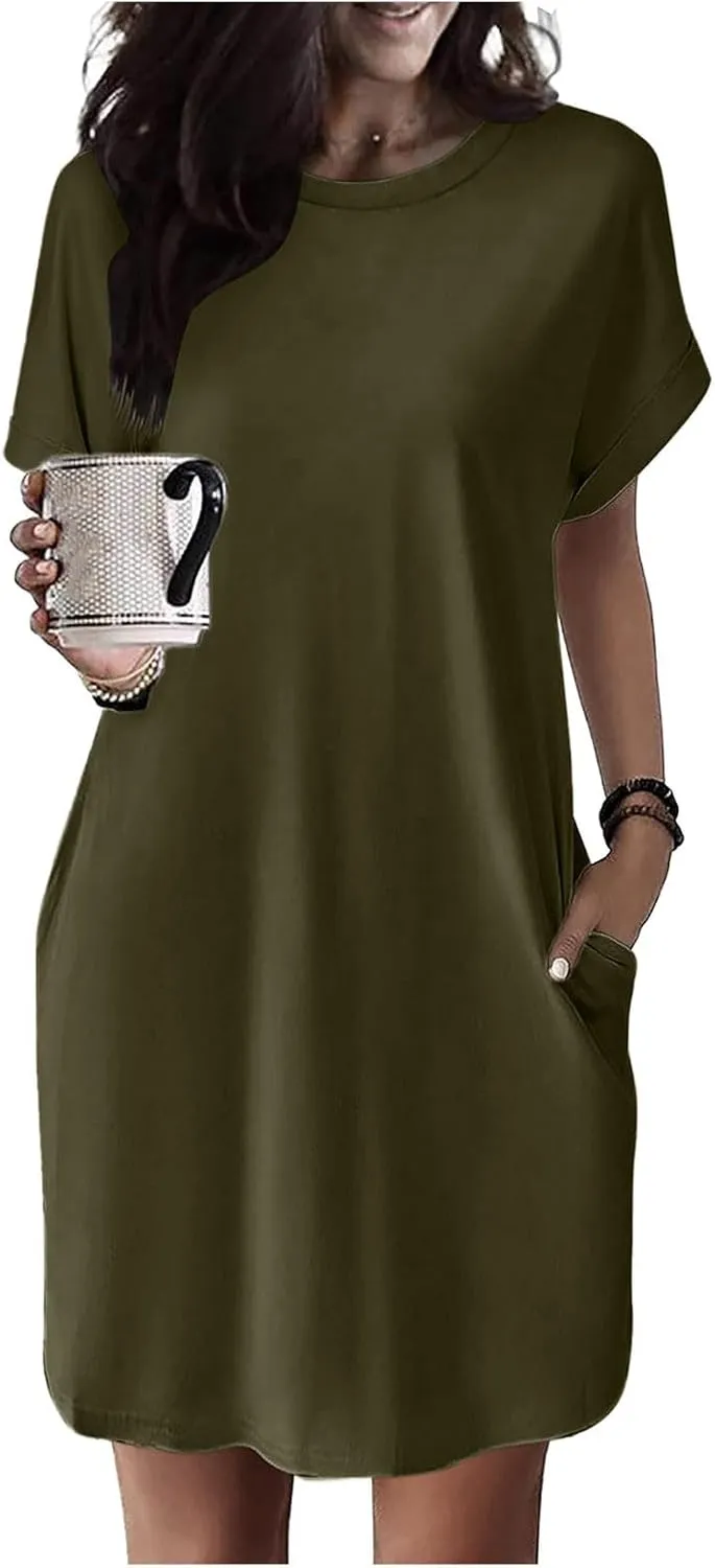 Casual Dresses for Women,Summer Short Sleeve Crew Neck Dress Loose Tshirt Mini Dress Cotton Short Dress with Pockets
