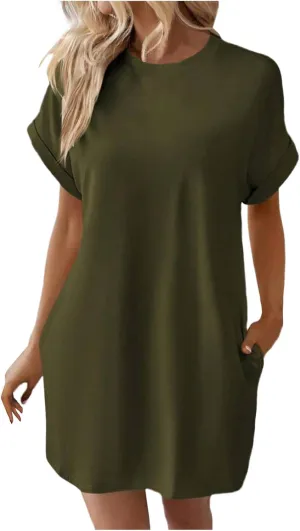 Casual Dresses for Women,Summer Short Sleeve Crew Neck Dress Loose Tshirt Mini Dress Cotton Short Dress with Pockets