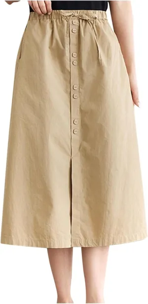 Cotton Skirt for Women Drawstring Elastic Waisted Soft Skirt Button Down Split Front A Line Slim Fit Summer Skirt