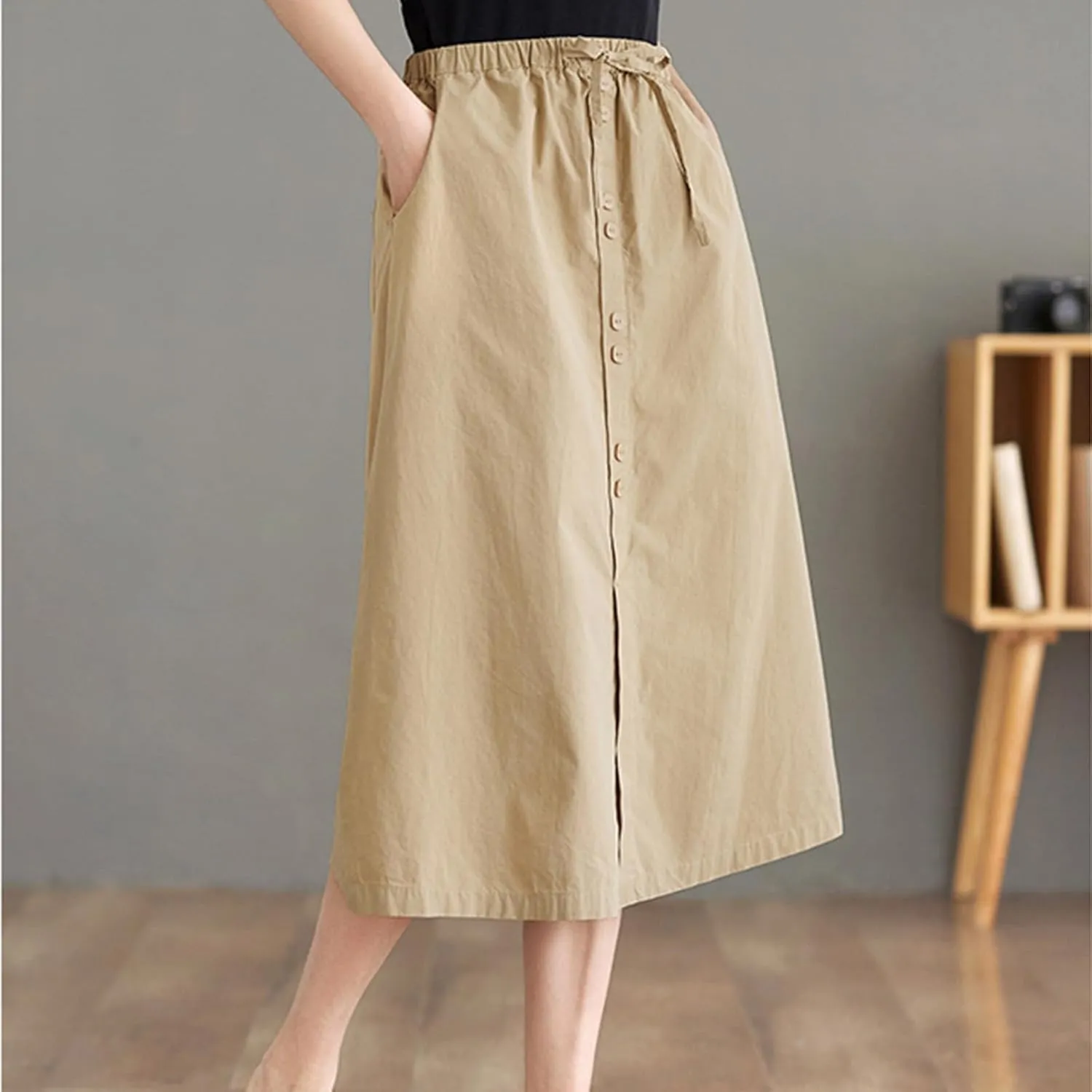 Cotton Skirt for Women Drawstring Elastic Waisted Soft Skirt Button Down Split Front A Line Slim Fit Summer Skirt