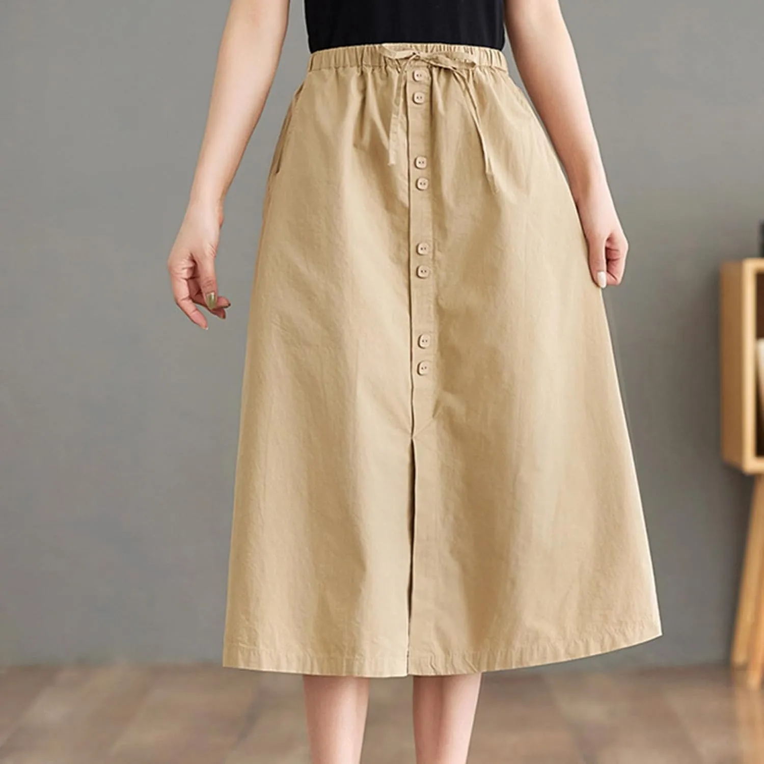 Cotton Skirt for Women Drawstring Elastic Waisted Soft Skirt Button Down Split Front A Line Slim Fit Summer Skirt