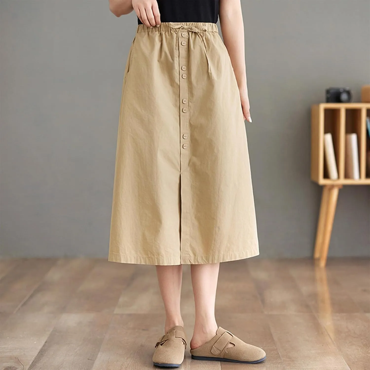 Cotton Skirt for Women Drawstring Elastic Waisted Soft Skirt Button Down Split Front A Line Slim Fit Summer Skirt