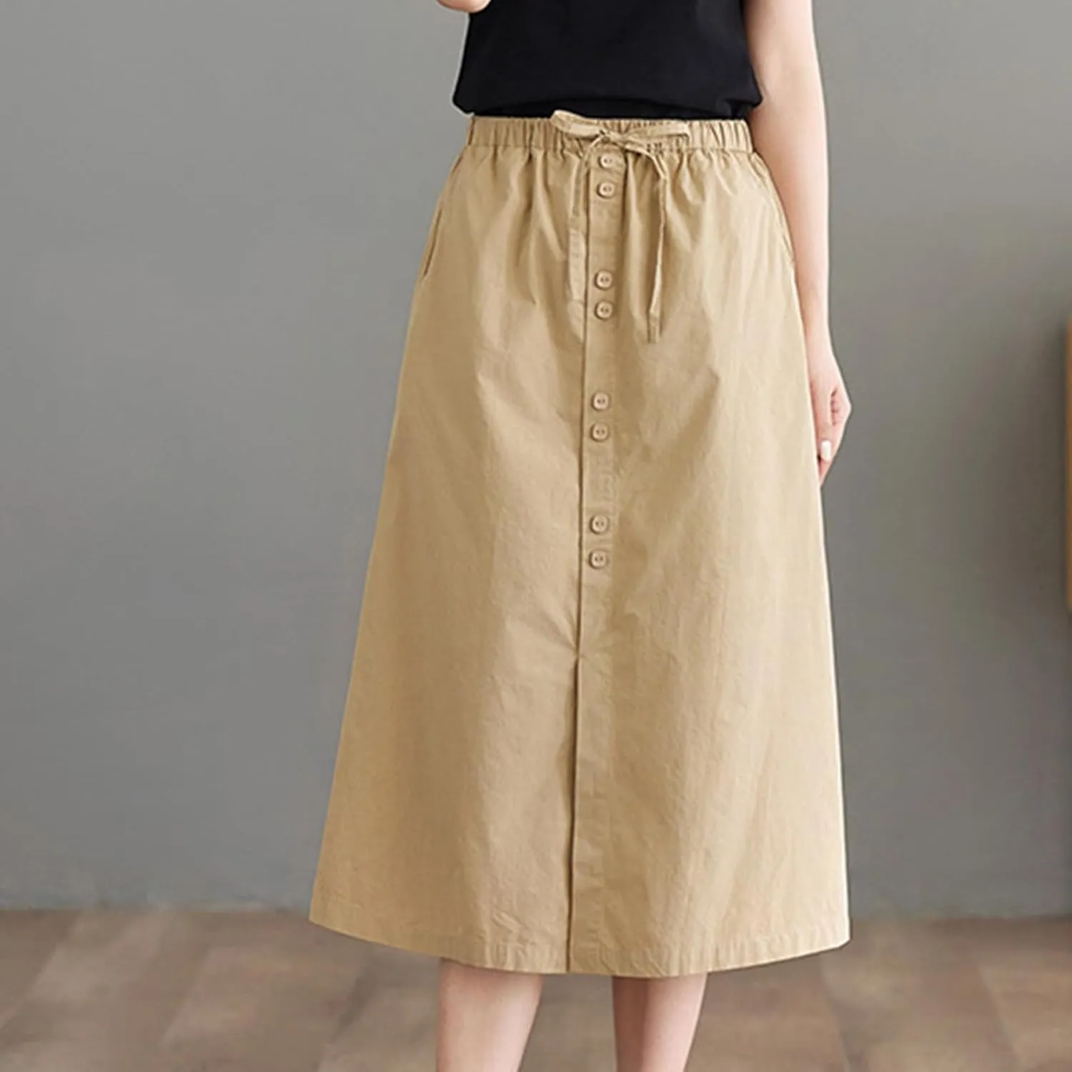 Cotton Skirt for Women Drawstring Elastic Waisted Soft Skirt Button Down Split Front A Line Slim Fit Summer Skirt