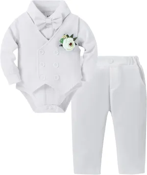 DISAUR Baby Boy Clothes Suits 5PC Infant Gentleman Outfit Dress Shirt Bowtie Vest Corsage Pants Wedding Baby Suit