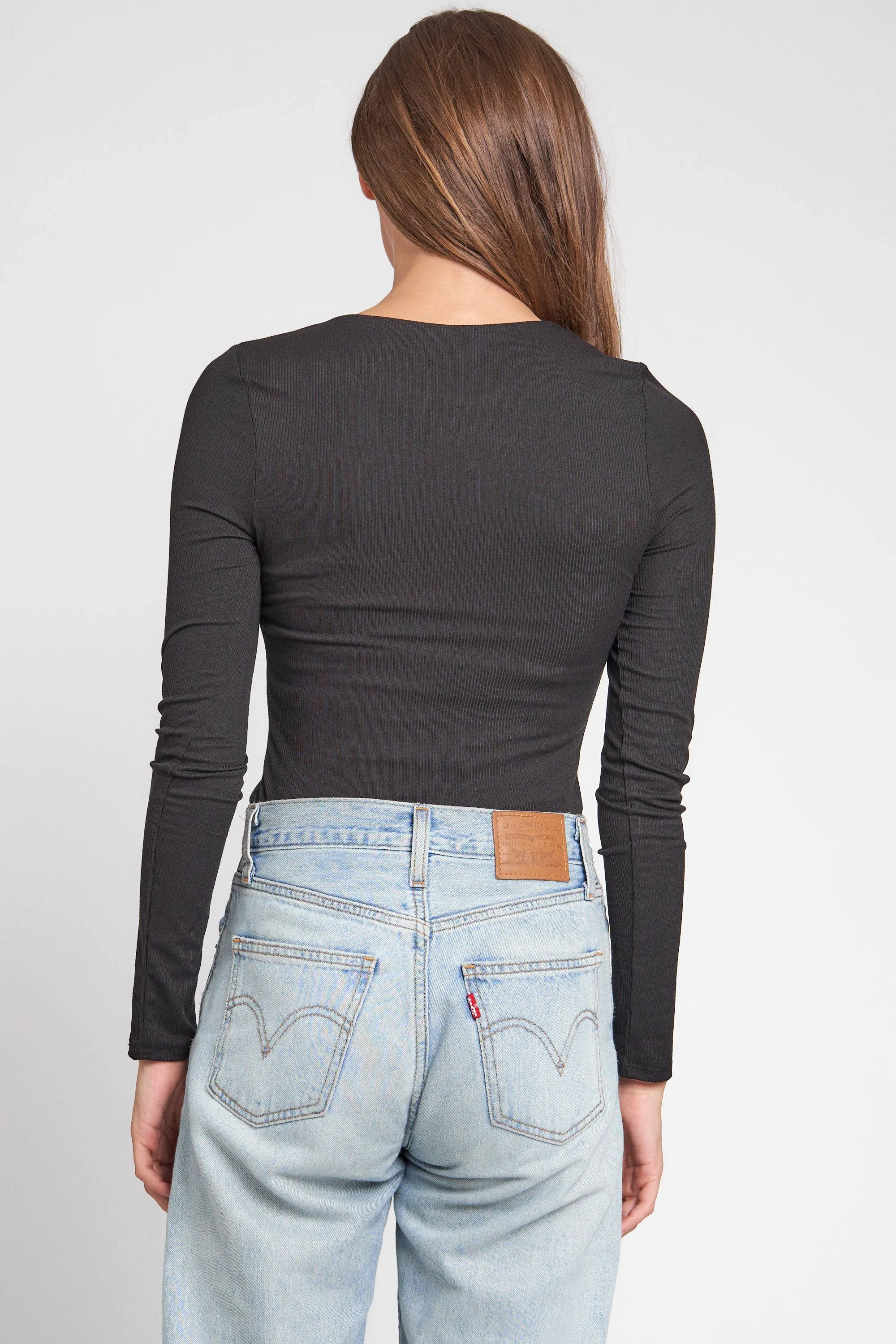 DOUBLE LAYERED LONG SLEEVE CREW NECK BODYSUIT: M / BLACK
