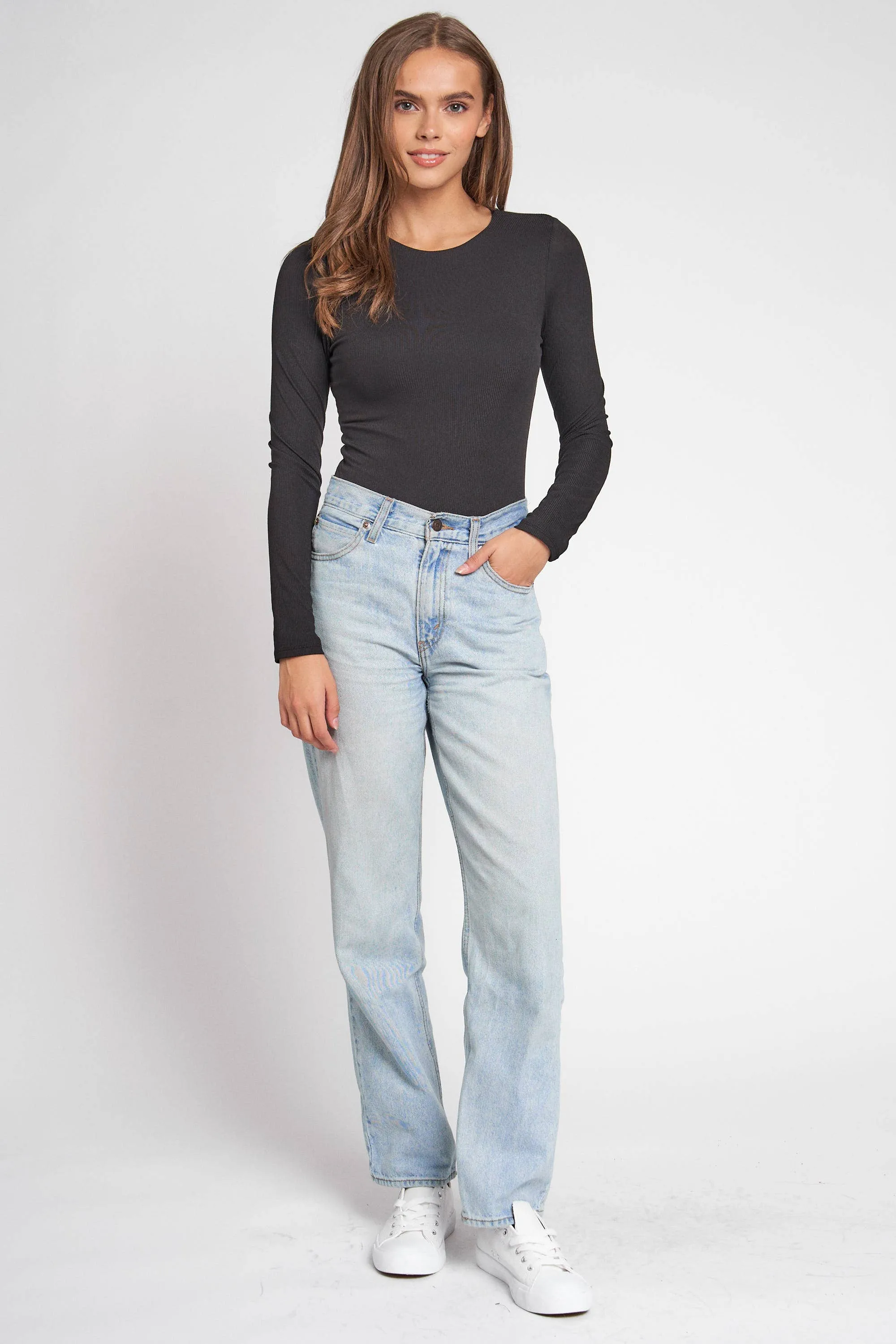 DOUBLE LAYERED LONG SLEEVE CREW NECK BODYSUIT: M / BLACK