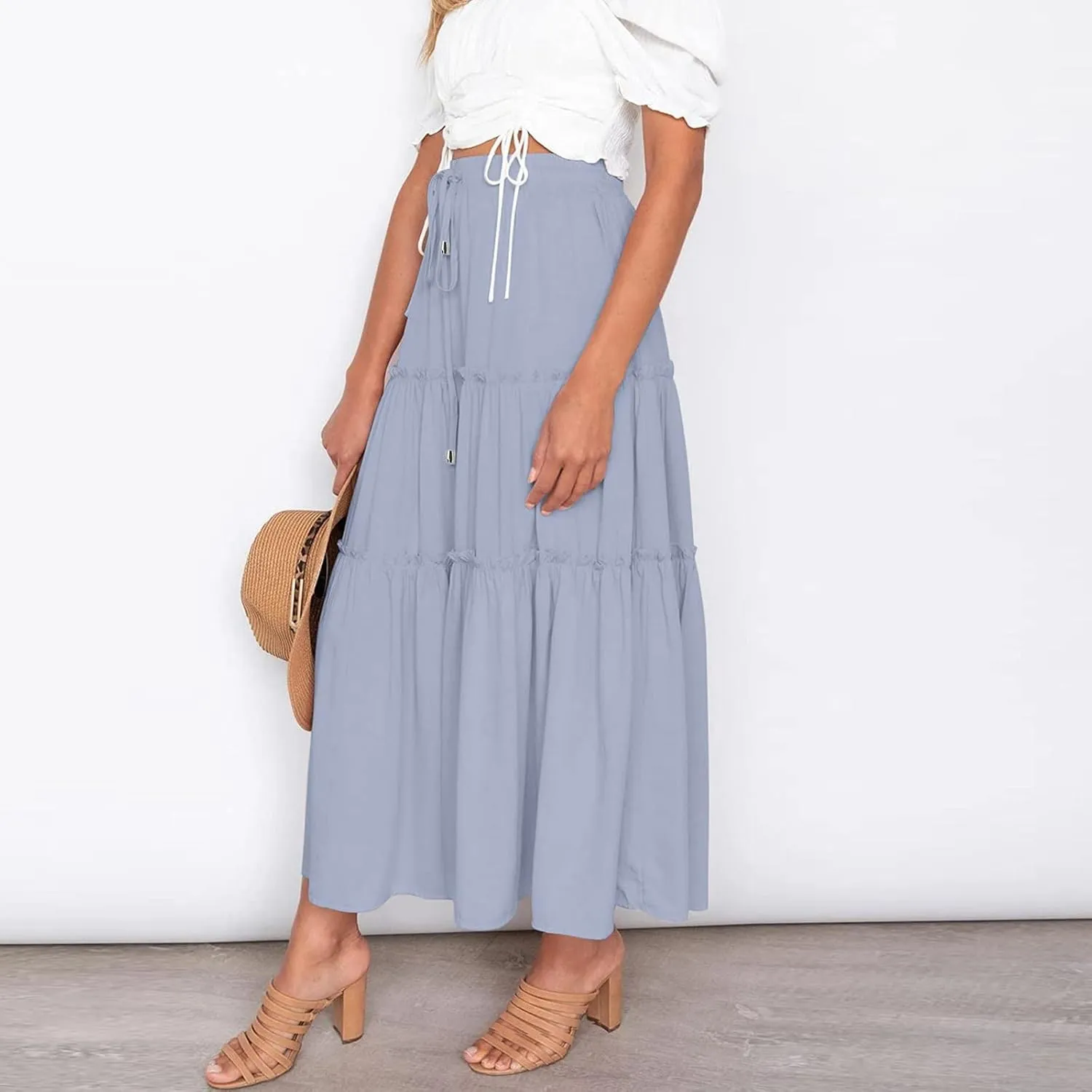 Drawstring Womens Skirt High Rise Ruched Skirts Ruffle Boho Pleated Waist Summer for Women 2023 Casual Cute Robe