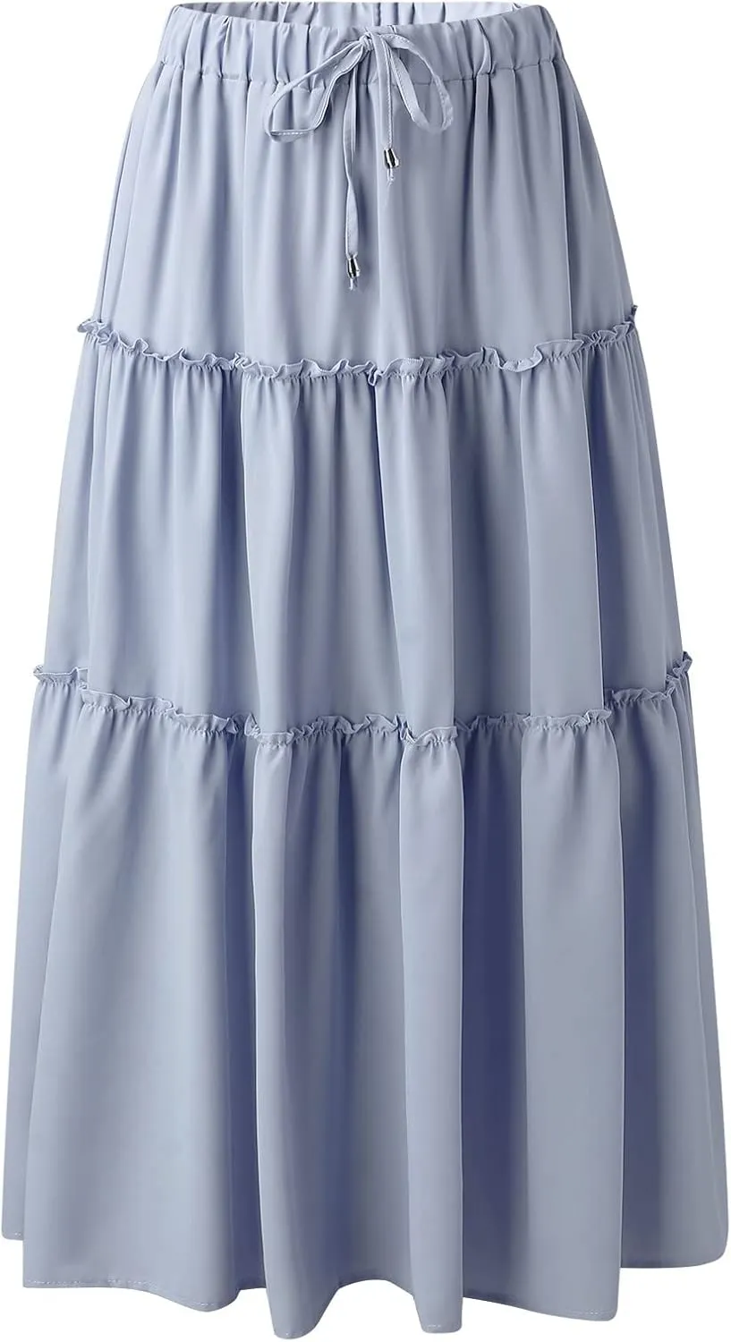 Drawstring Womens Skirt High Rise Ruched Skirts Ruffle Boho Pleated Waist Summer for Women 2023 Casual Cute Robe