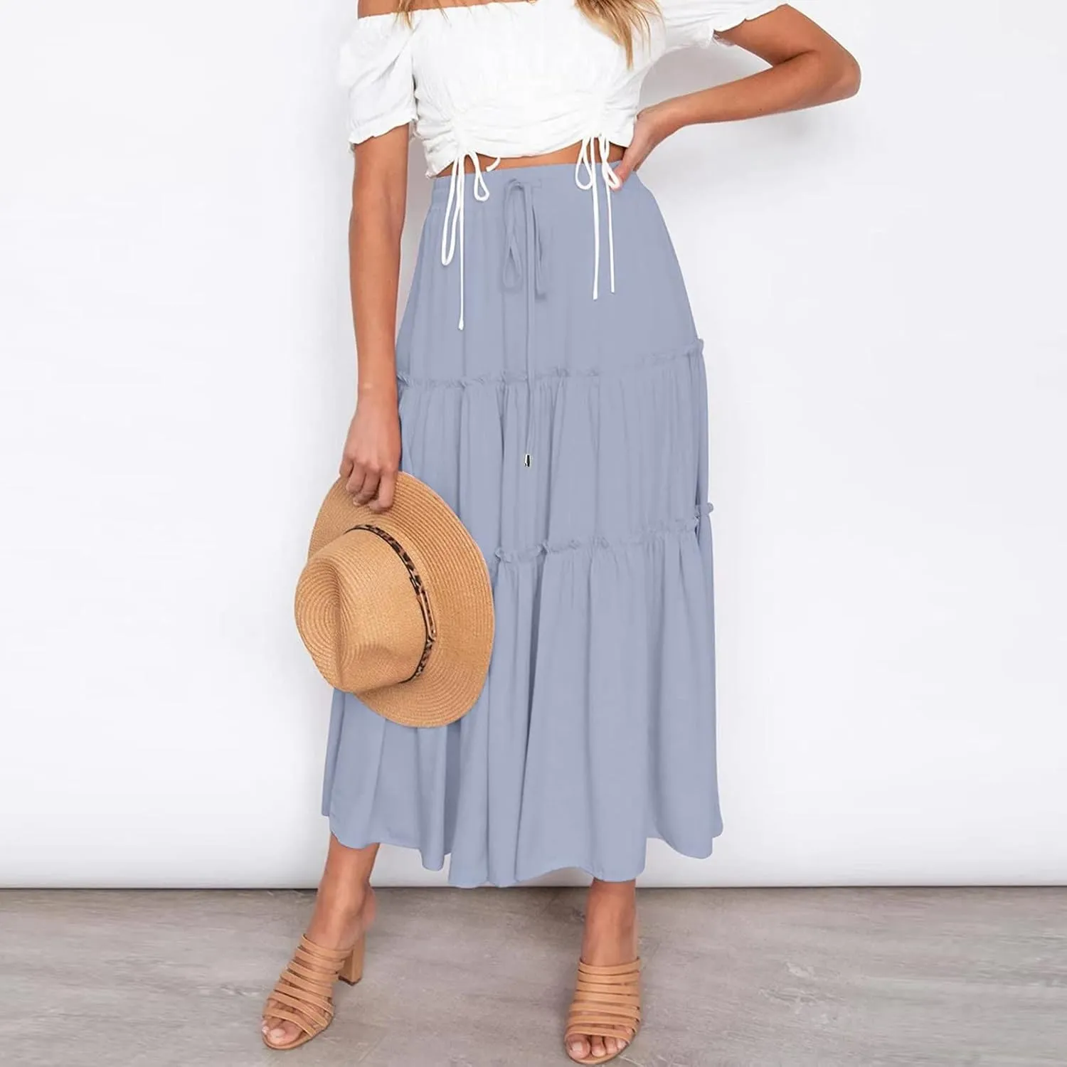 Drawstring Womens Skirt High Rise Ruched Skirts Ruffle Boho Pleated Waist Summer for Women 2023 Casual Cute Robe