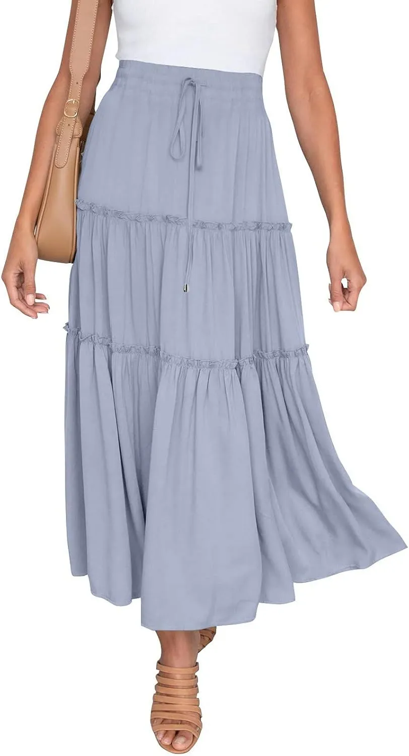 Drawstring Womens Skirt High Rise Ruched Skirts Ruffle Boho Pleated Waist Summer for Women 2023 Casual Cute Robe