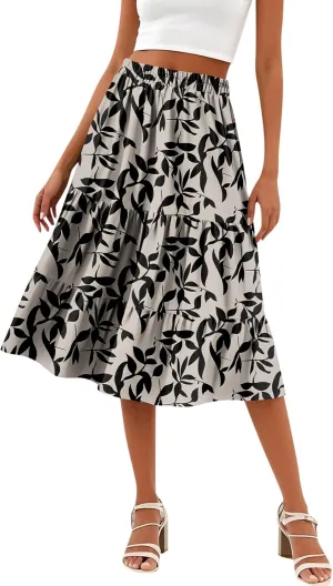 Floral Skirts for Women Calf Length Boho Beach Flowy Midi Skirt Vacation Tiered High Elastic Waist Skirts Summer