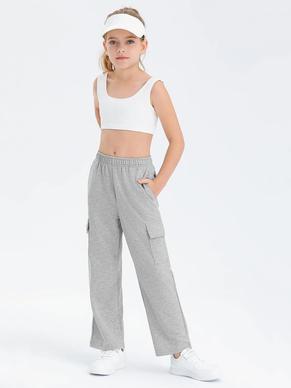 Girls Kids Cargo Sweatpants Wide Straight Leg Jogger Pants 5-14 Years