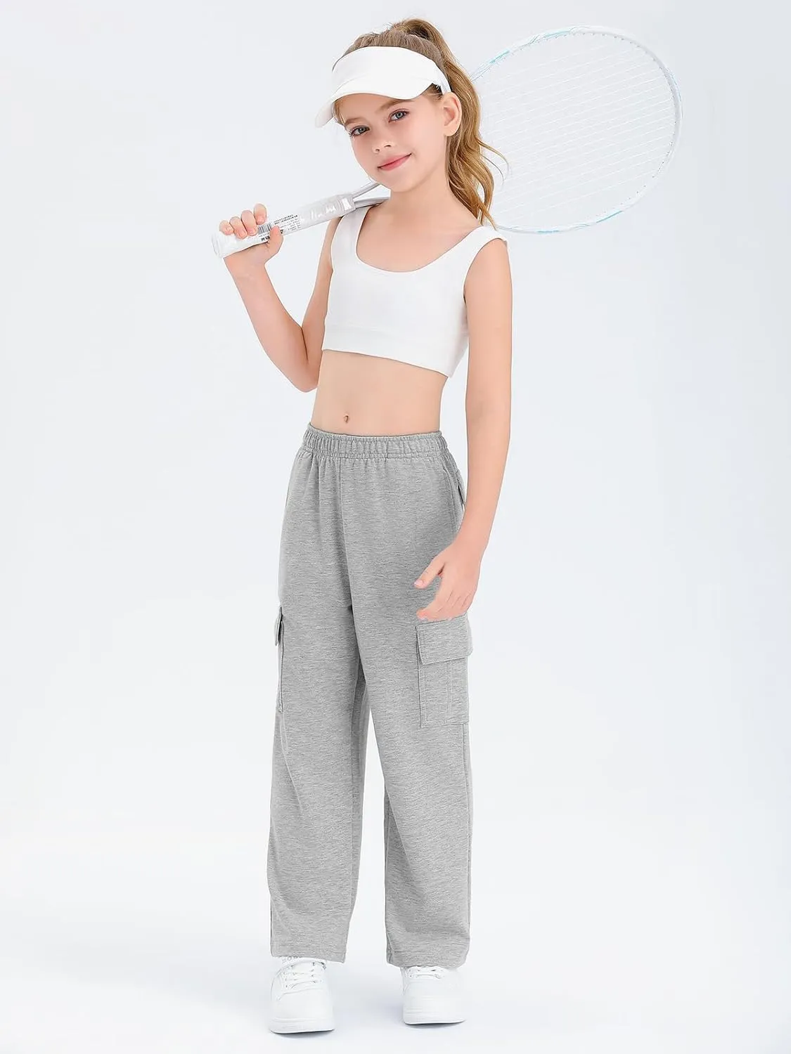 Girls Kids Cargo Sweatpants Wide Straight Leg Jogger Pants 5-14 Years
