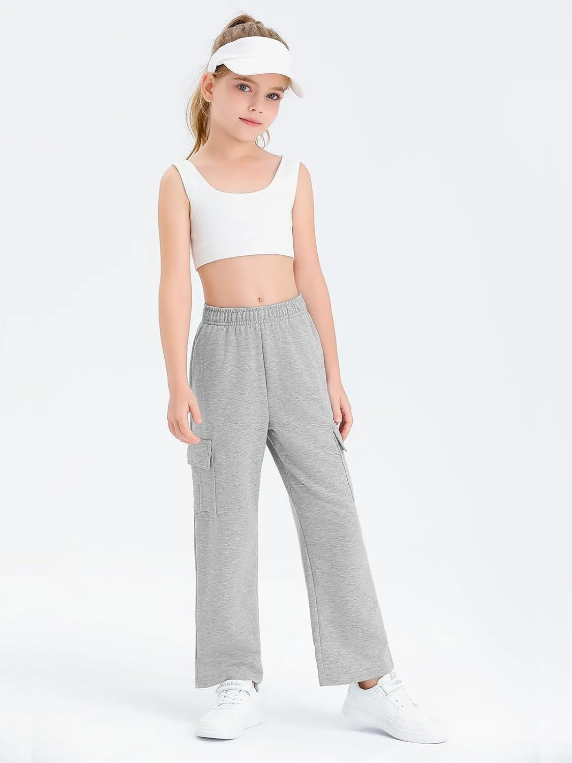 Girls Kids Cargo Sweatpants Wide Straight Leg Jogger Pants 5-14 Years
