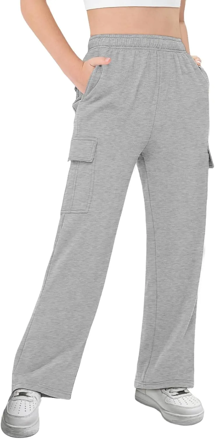 Girls Kids Cargo Sweatpants Wide Straight Leg Jogger Pants 5-14 Years