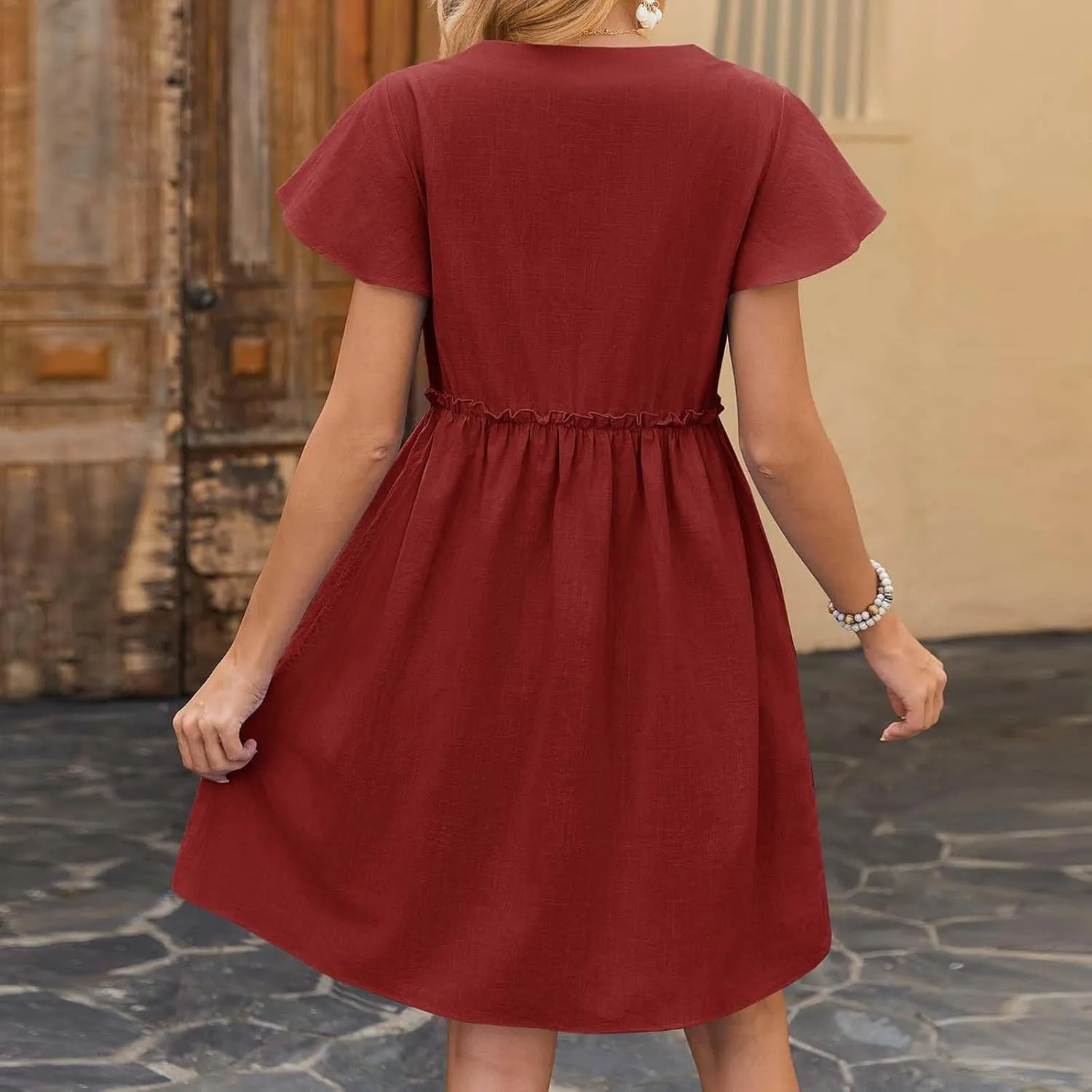 JOAU Women Button Up Shirt Dress 2025 Loose Summer V Neck Flutter Sleeve Dresses Ruffle Elastic Waist Casual Mini Tunic Dress