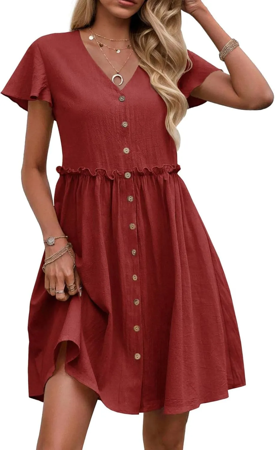 JOAU Women Button Up Shirt Dress 2025 Loose Summer V Neck Flutter Sleeve Dresses Ruffle Elastic Waist Casual Mini Tunic Dress