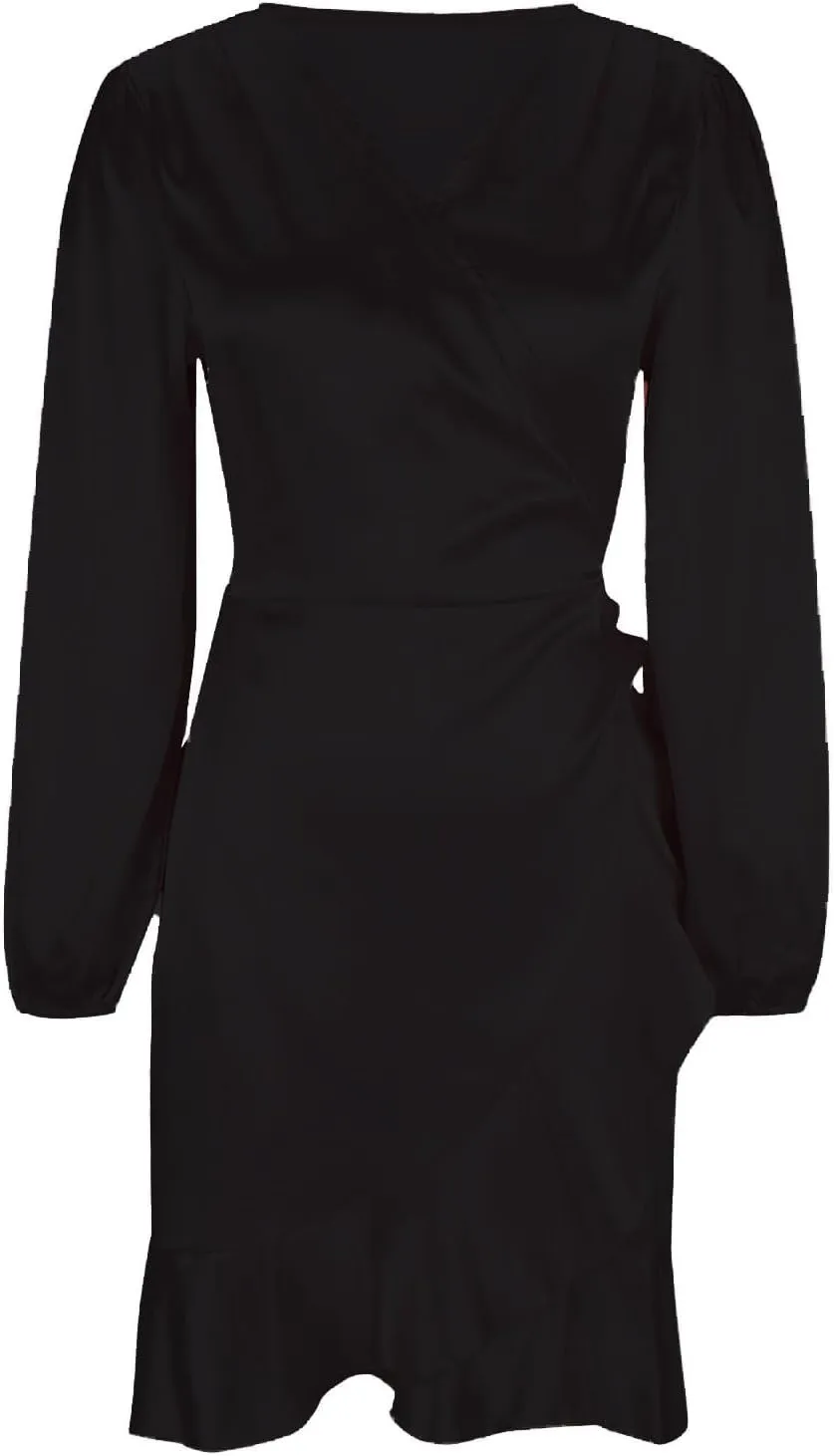 JOAU Women's Satin Long Sleeve Wrap V Neck Ruched Tie Waist Mini Dresses Irregular Slit Ruffle Hem Cocktail Party Dress