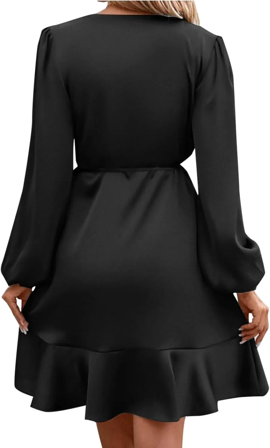 JOAU Women's Satin Long Sleeve Wrap V Neck Ruched Tie Waist Mini Dresses Irregular Slit Ruffle Hem Cocktail Party Dress