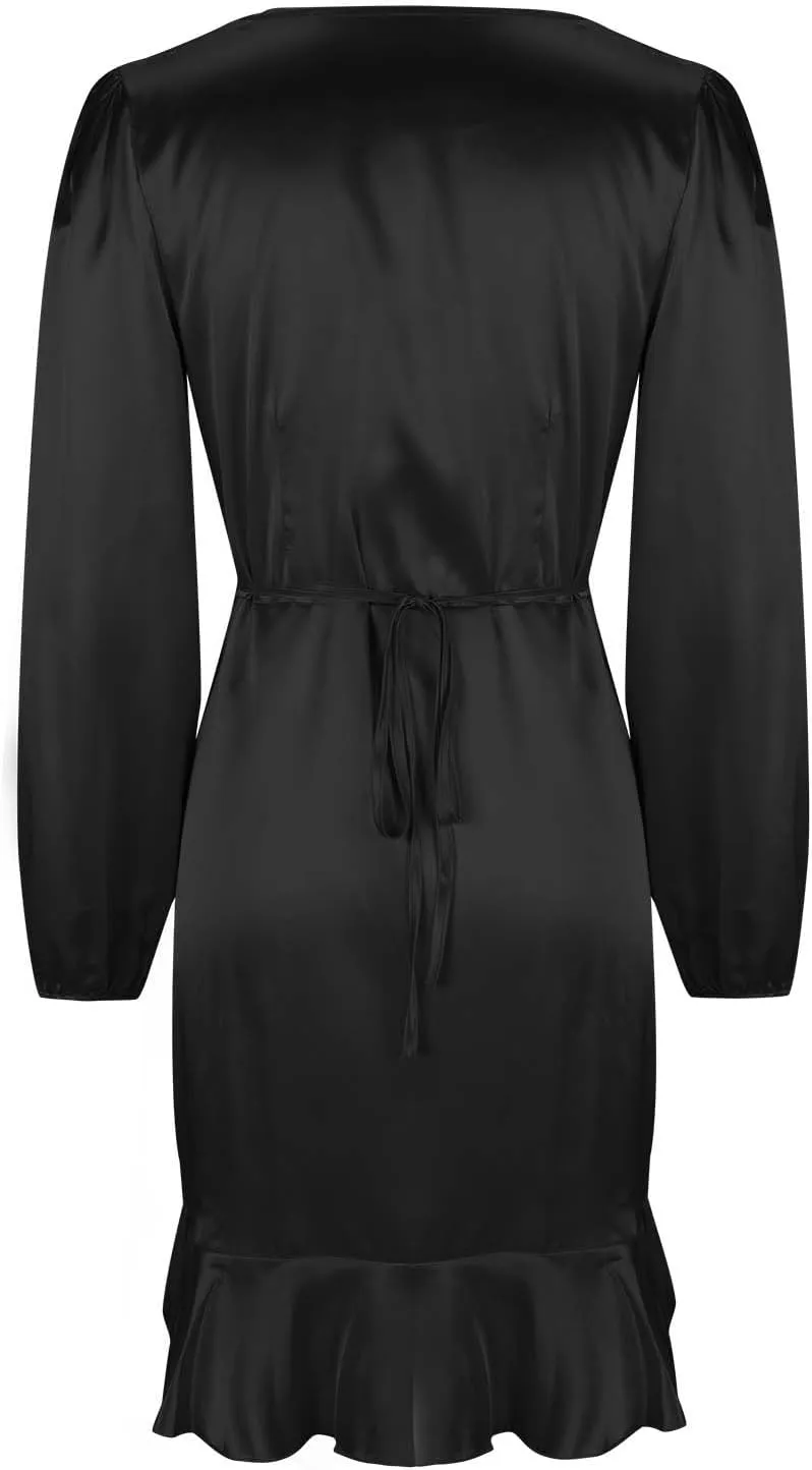 JOAU Women's Satin Long Sleeve Wrap V Neck Ruched Tie Waist Mini Dresses Irregular Slit Ruffle Hem Cocktail Party Dress