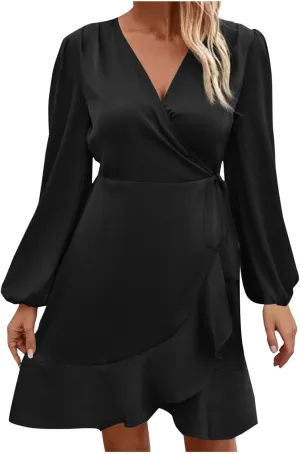 JOAU Women's Satin Long Sleeve Wrap V Neck Ruched Tie Waist Mini Dresses Irregular Slit Ruffle Hem Cocktail Party Dress