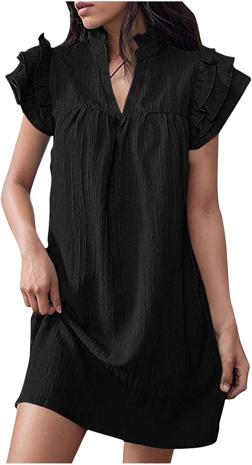 JOAU Womens Summer Dress 2024 Ruffle Short Sleeve V Neck A-Line Mini Dresses Casual Loose Mock Neck Babydoll Shift Dress
